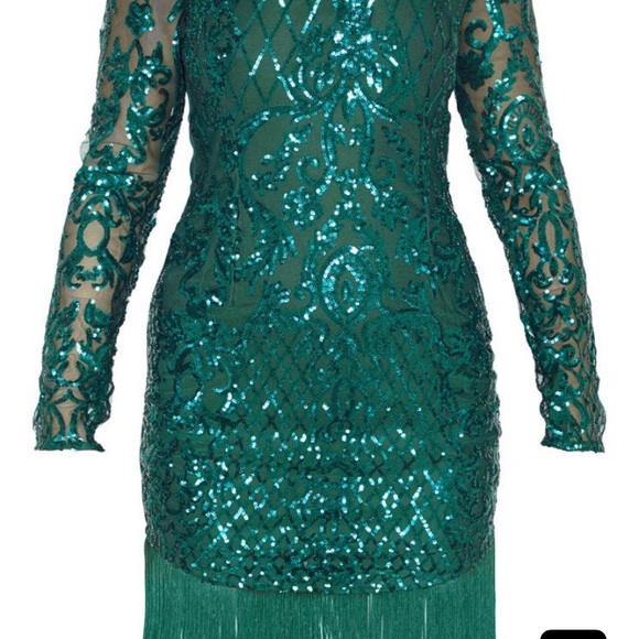 Emerald Green Sequin Long Sleeve Tassel Bodycon - Picture 4 of 8